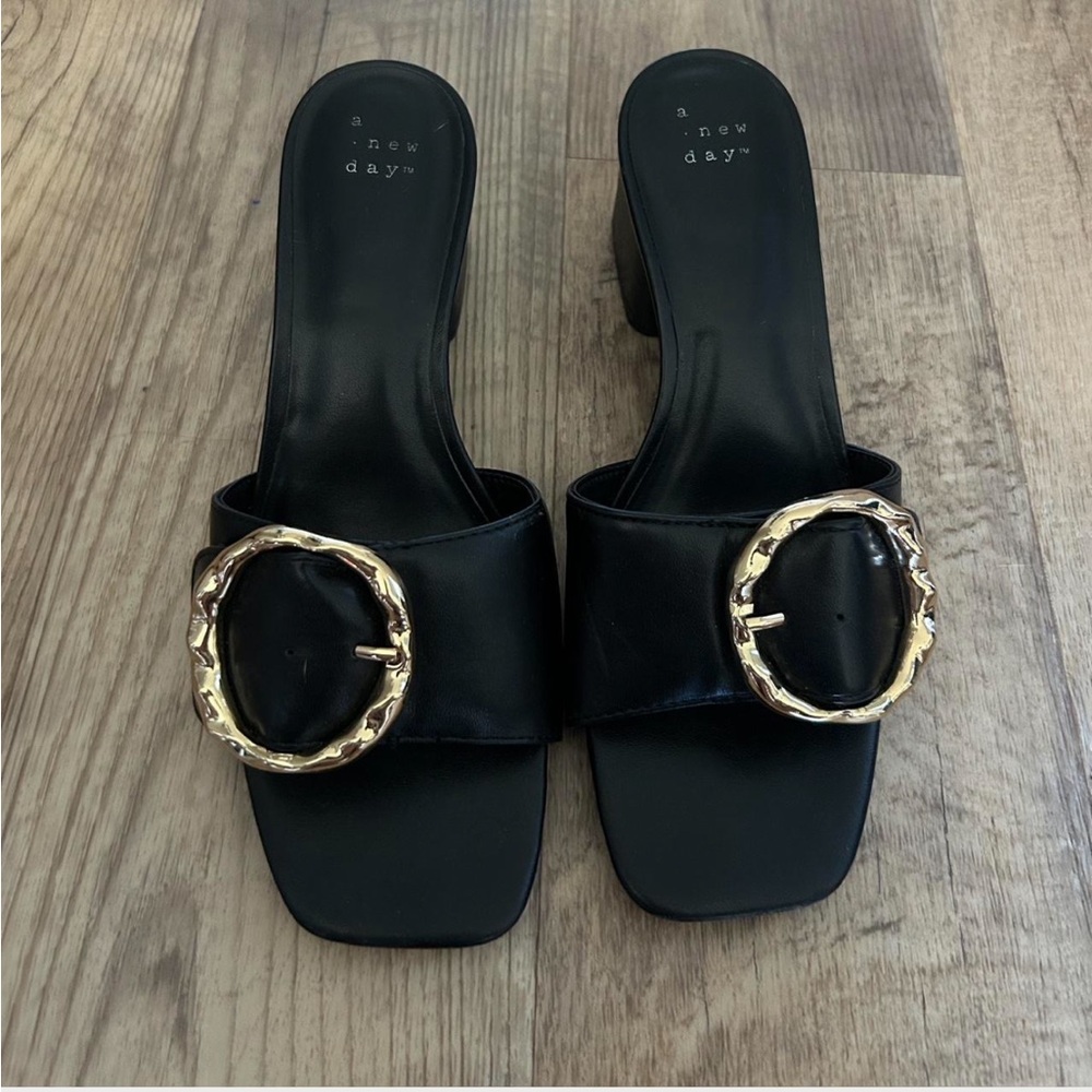 A New Day Black Mules with Gold Accent